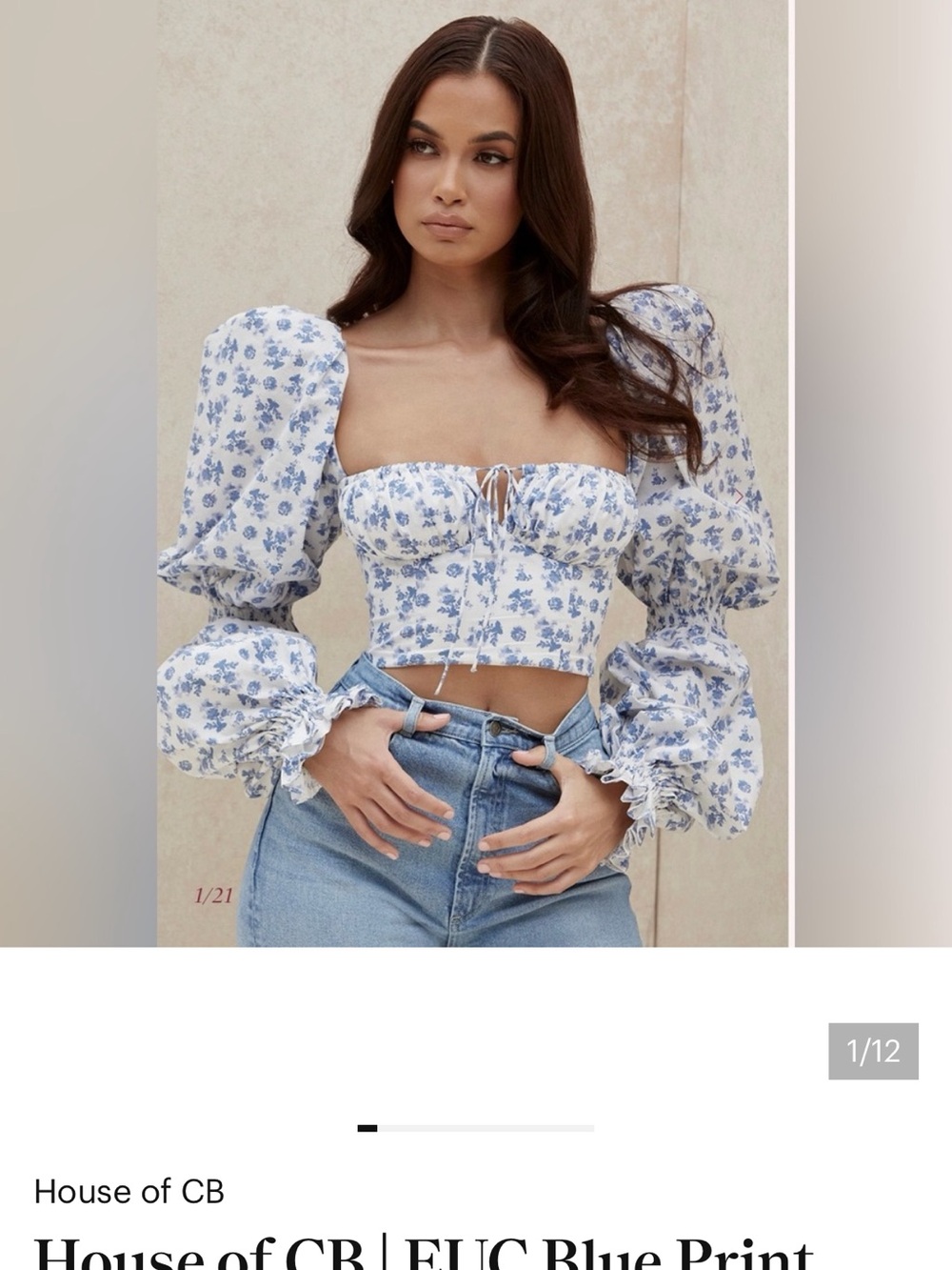 House of CB White and Blue Floral Puff-Sleeve Crop Top